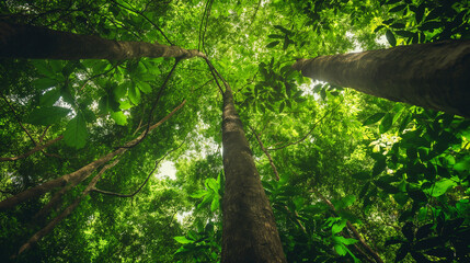Fototapeta premium Rainforest Canopy: A view from the forest floor looking up through the dense canopy of a tropical rainforest, ecosystem preservation, with copy space