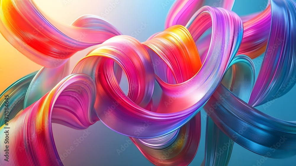 Poster 105. 3d abstract ribbons in neon colors creating a continuous, hypnotic effect in a clear space