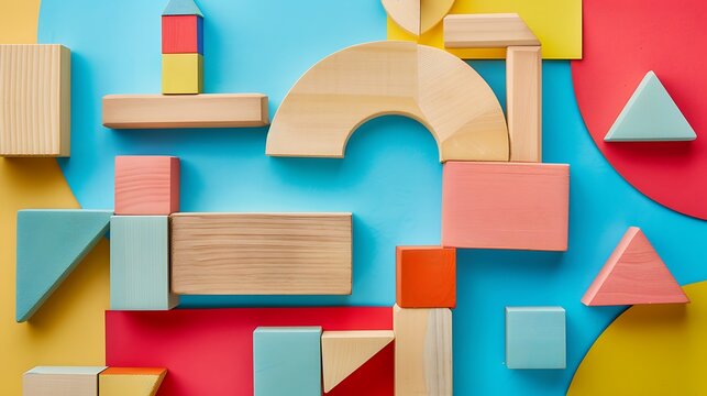 Multicolor building wooden block education tools geometric toys for kid to improve creativity isolated on colorful background