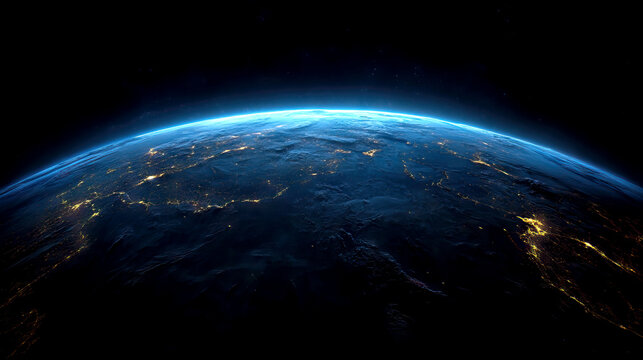 View of the horizon from orbit of a planet with atmosphere, the dark side of a world with cities glowing approaching the dawn, blue satellite world globe