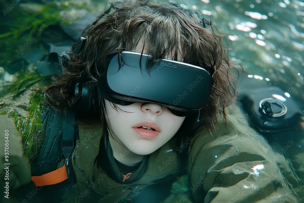 Poster child wearing a vr headset while floating in water symbolizing the intersection of play and technolo