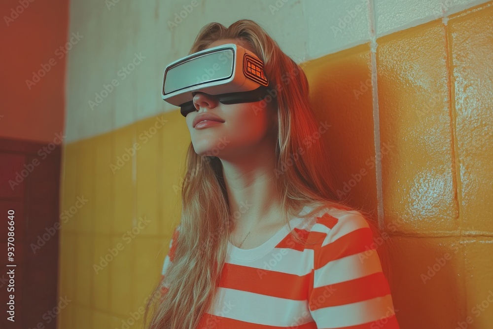 Poster woman with a vr headset in a retro themed environment representing the blend of past and future tech