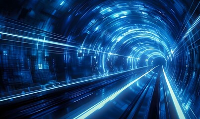 Abstract tunnel, corridor with rays of light and new highlights. Abstract blue background, neon. Scene with rays and lines, Round arch, light in motion, night view