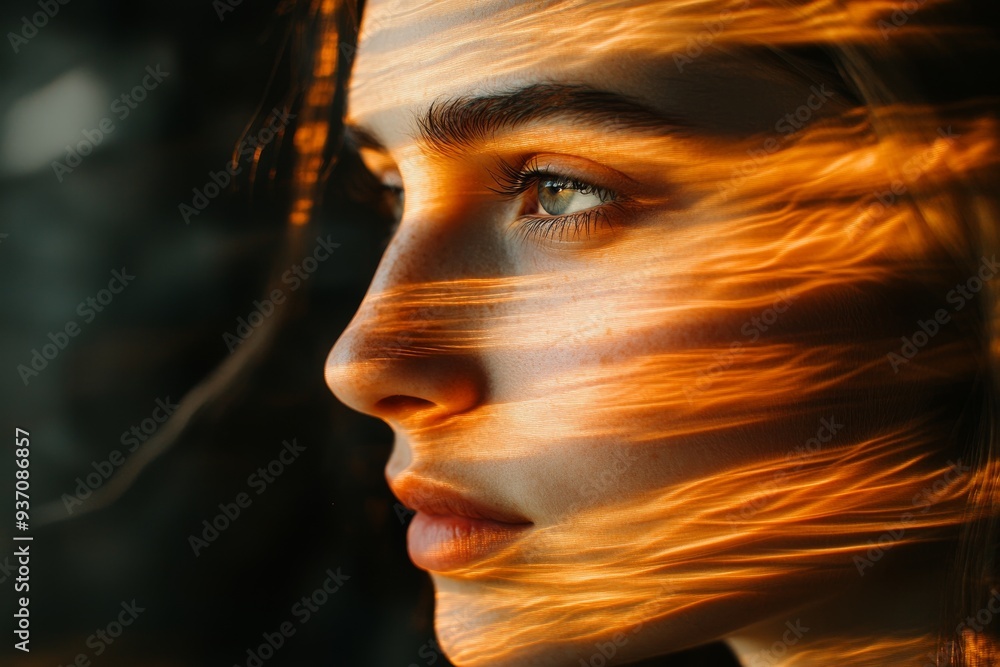 Poster close up of a womans face with light trails symbolizing the speed and fluidity of modern digital exp