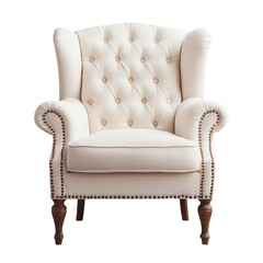 Elegant white armchair with tufted upholstery and wooden legs, isolated on white background.