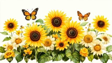 Naklejka premium Sunflowers, Butterflies and Daisies Border