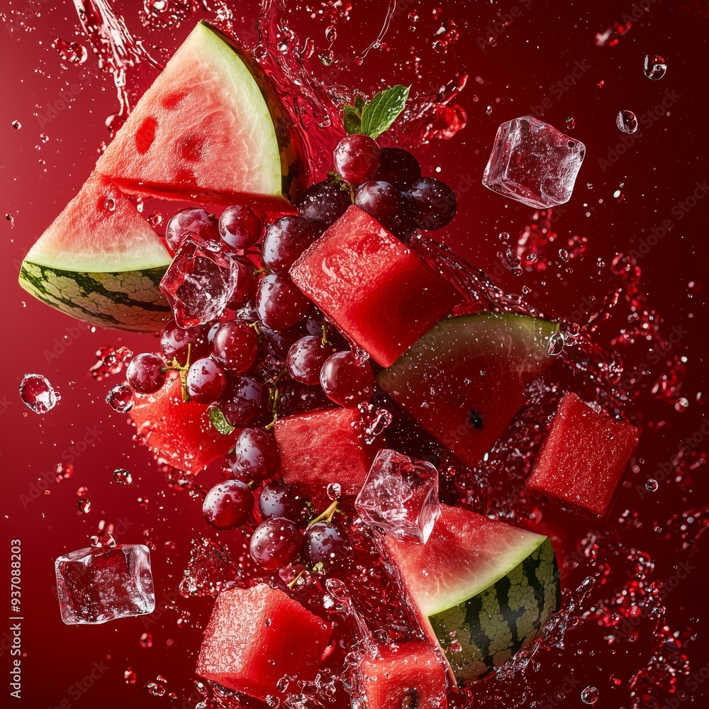 Aufkleber a dynamic splash of watermelon and grape slices with ice cubes against a rich red background, with j