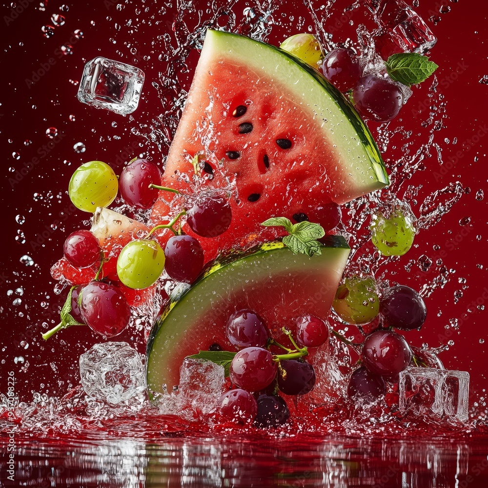 Poster a dynamic splash of watermelon and grape slices with ice cubes against a rich red background, with j
