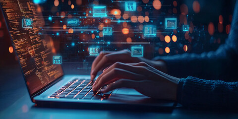 A person typing on laptop with digital icons floating above, generative AI