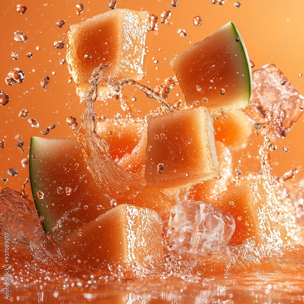 Poster hami melon slices and ice cubes splashing on a soft orange background, with refreshing melon juice d