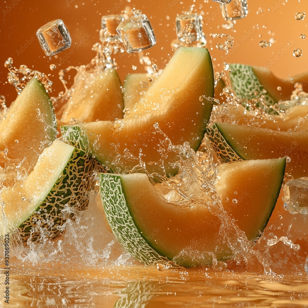 Poster hami melon slices and ice cubes splashing on a soft orange background, with refreshing melon juice d