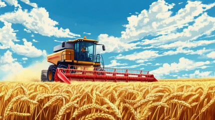 Obraz premium Harvesting Wheat under Blue Sky