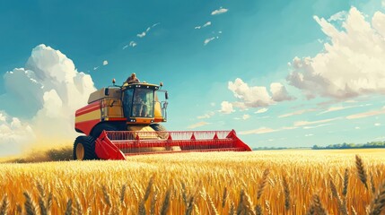 Obraz premium Combine Harvester Working in Golden Wheat Field