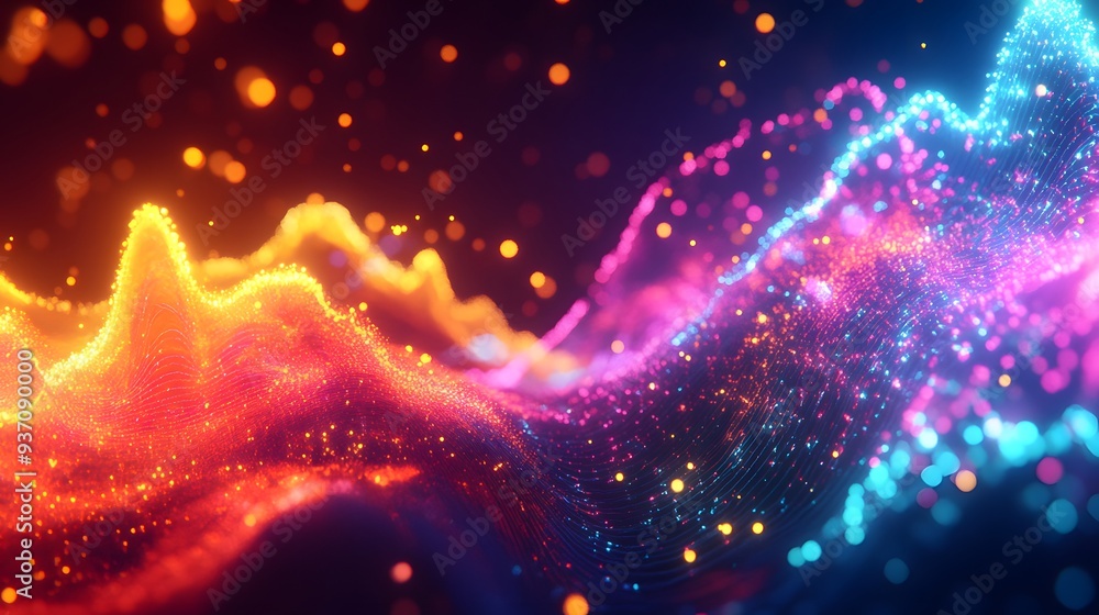 Poster 6. neon-colored waveforms interacting with each other in a dynamic 3d space