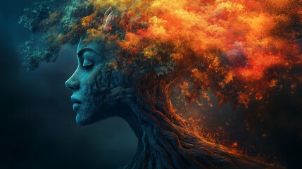 A serene face seamlessly merges with a tree, its vibrant, fiery foliage flowing like hair, symbolizing the deep connection between nature and the human spirit.