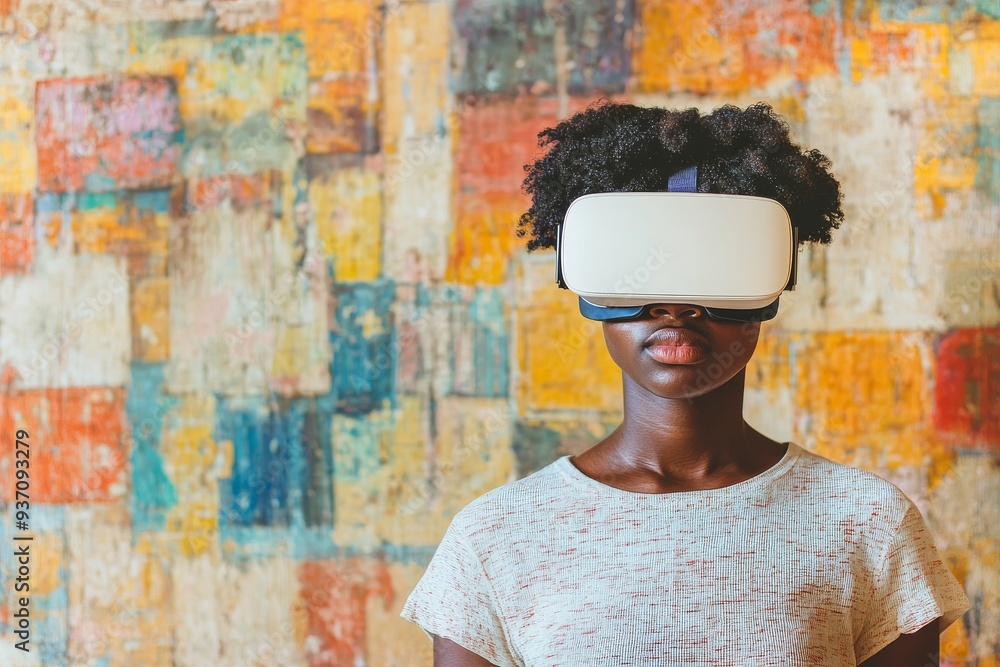 Poster young boy wearing a vr headset in front of a colorful abstract background symbolizing the vibrant an