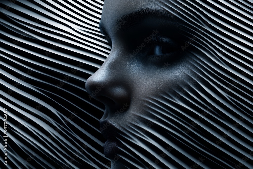 Poster close up of a womans profile with digital lines representing the fusion of human identity with advan