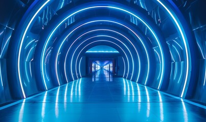 Abstract tunnel, corridor with rays of light and new highlights. Abstract blue background, neon. Scene with rays and lines, Round arch, light in motion, night view