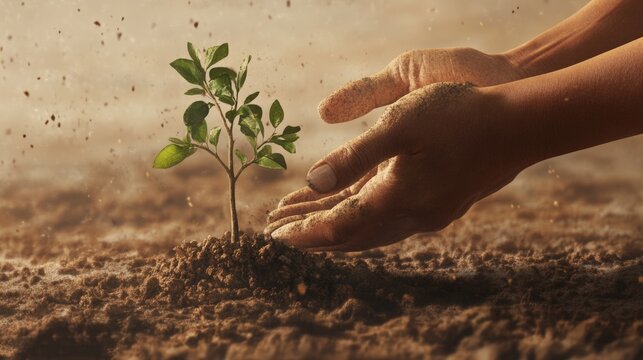 Artistic rendering of a pair of hands planting a tree in a barren landscape, with text "Plant the Seeds of Peace"