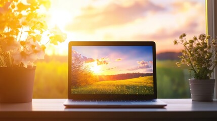 Laptop with Sunset Nature Wallpaper on Windowsill