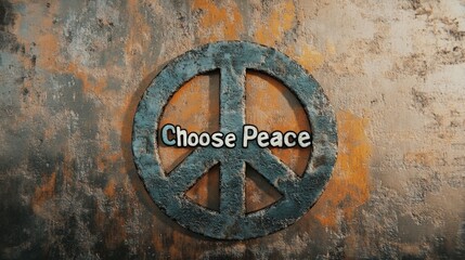Digital illustration of a cracked, weathered peace sign painted on a wall, with text "Choose Peace"