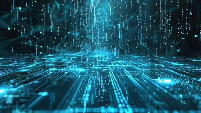 Futuristic digital landscape with flowing data streams representing technology and innovation in a vibrant blue glow.