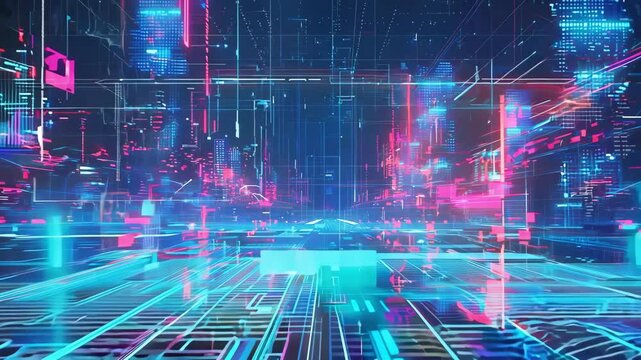 Futuristic digital landscape with vibrant neon colors, showcasing a technological and abstract background for modern designs.
