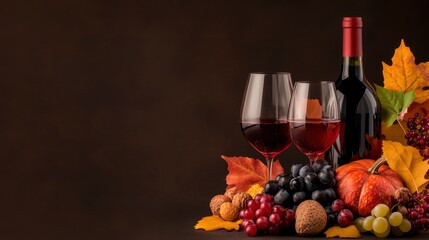 Obraz premium Autumn Wine and Grapes Still Life with Copy Space