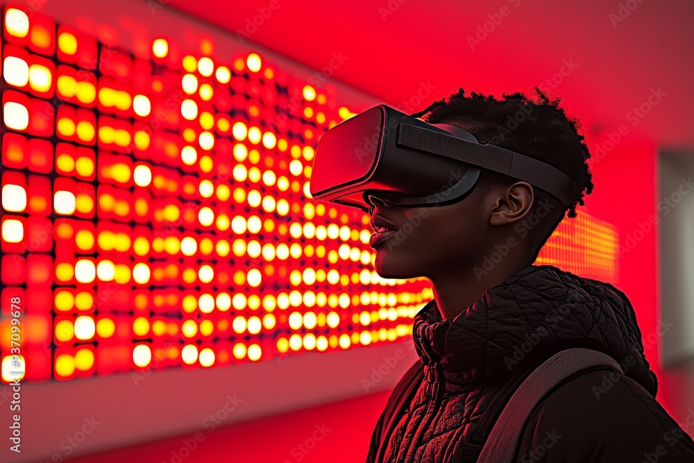 Poster man standing against a wall of glowing red lights wearing a vr headset representing the intensity an