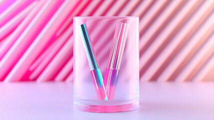 Futuristic acrylic brush holder with geometric shapes, neon-lit cosmetics display, vibrant colors, high-tech feel, glossy surface