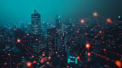 Fototapeta premium Smart digital city with connection network reciprocity over the cityscape . Concept of future smart wireless digital city and social media networking systems that connects people within the city