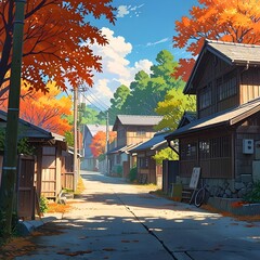 Japanese small village in fall cartoon anime