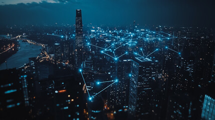 Fototapeta premium Smart digital city with connection network reciprocity over the cityscape . Concept of future smart wireless digital city and social media networking systems that connects people within the city
