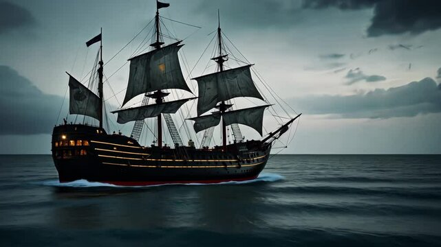 Video footage of  large, old fashioned sailing ship with multiple masts and sails on the open sea under a cloudy sky
