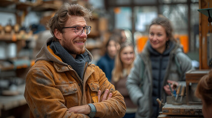 Fototapeta premium A friendly class scene with elegant men and women in craftsman attire, engaging in conversation, set against a backdrop of others.