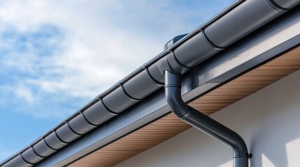 Naklejka premium Close-up of a gray gutter on a house with a blue sky and white clouds in the background.