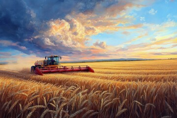 Fototapeta premium Rural harvest scene showing a harvester working in the wheat field with red and white machinery colors