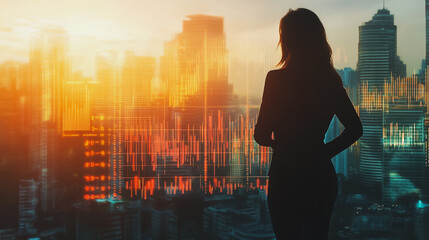 Fototapeta premium Abstract business woman stands on the peak of success amid tall, innovative Smart city and graphs with statistics to analyze business potential and predict future developments in company growth.