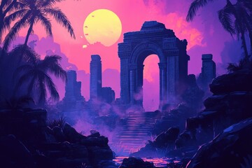 Fototapeta premium Ancient Ruins with Palm Trees and a Large Sun in a Purple Sky