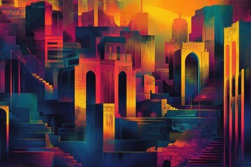 Obraz premium Abstract Cityscape with Arched Buildings and Stairs