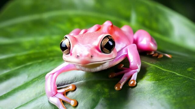 Colorful frog with large eyes sitting on a green leaf, vibrant nature scene showcasing unique amphibian in lush environment, Realistic safari, zoo wildlife background. 