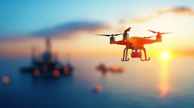 Futuristic Automated Oil Spill Response System Using Drones Overlooking the Ocean, 3D Illustration with Copy Space