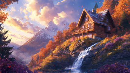 Beautiful LOFI House on Mountain with Cozy Background Wallpaper in Anime Manga Style
