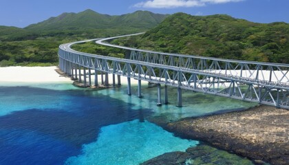 Fototapeta premium Elegant bridge over serene waters leading to tropical paradise