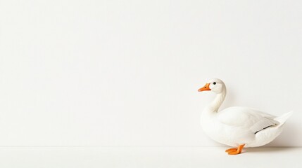 Obraz premium A white goose with an orange beak stands on a white surface against a white textured background, with copy space.