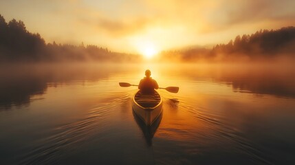 Lone Kayaker at Sunrise on Tranquil Lake with Misty Waters and Serene Reflection, print for National Canoe Day 