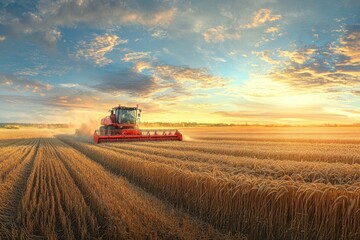 Fototapeta premium Rural harvest scene showing a harvester working in the wheat field with red and white machinery colors