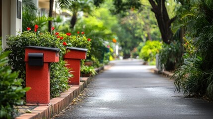Fototapeta premium Two red mailboxes stand on a brick walkway in a lush green tropical garden.