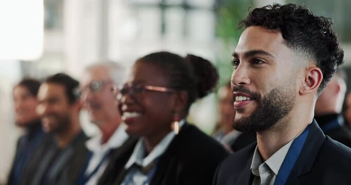Happy businessman, seminar and listening with presentation for meeting, workshop or corporate training at office. Diversity or group of employees in conference for convention, development or coaching