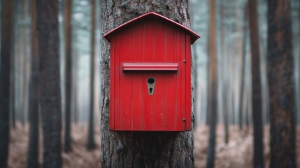 A bright red birdhouse is attached to a tree trunk in a forest.